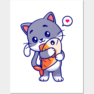 Cute Cat Hug Fish Posters and Art